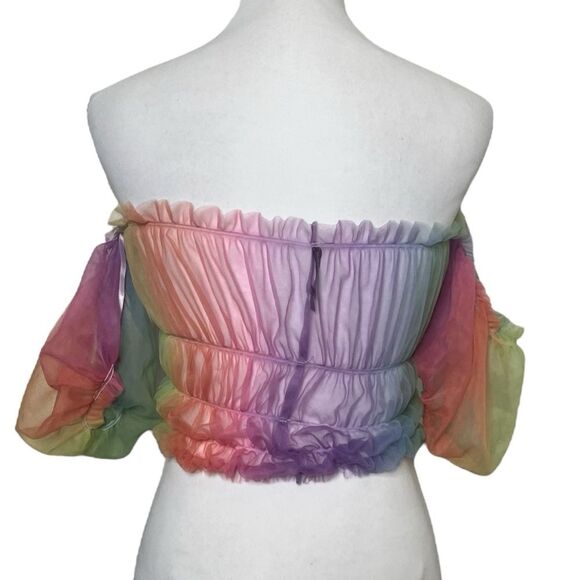 Lirika Matoshi Off Shoulder Rainbow Sheer Puff Sleeve Top Women’s Size Small - Picture 5 of 7